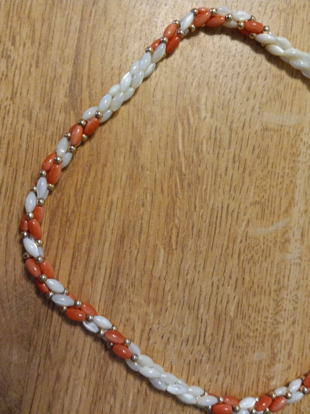 Vintage GENUINE MOP & GENUINE  Coral Gold Tone 3 Twisted Strand Bead Necklace